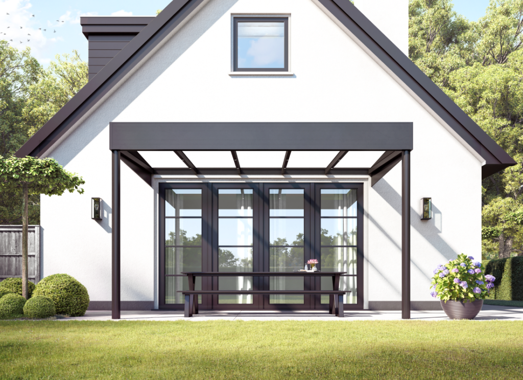 Pergola Dita en aluminium avec toiture plate installée sur une terrasse contemporaine